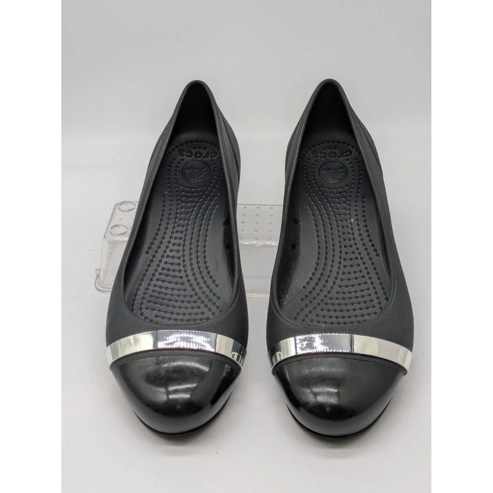 Crocs Women's Flats Black Silver Cap Toe Comfort Slip On Shoes Size 8 W